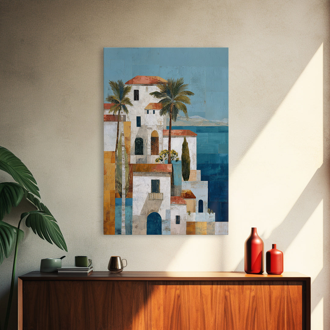 Greek Island White Buildings Above Blue Sea Canvas Print, Mediterranean Art, Framed Wall Art, Living Room Decor, Oil Painting, MAR-2x3-57