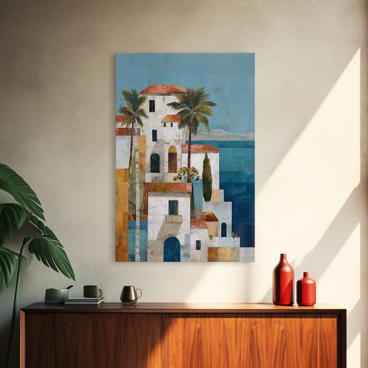 Greek Island White Buildings Above Blue Sea Canvas Print, Mediterranean Art, Framed Wall Art, Living Room Decor, Oil Painting, MAR-2x3-57