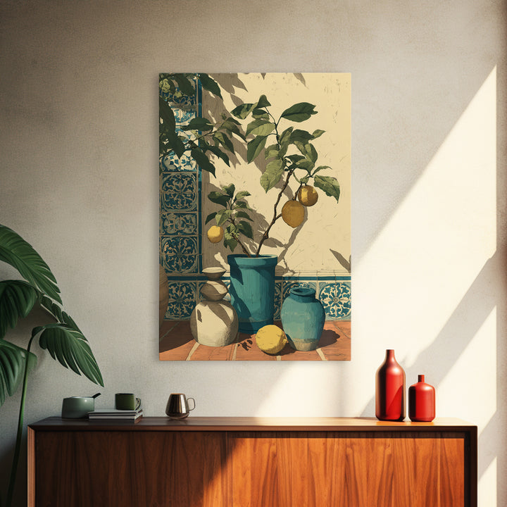 Olive Branch and Lemons on Terracotta Ground Canvas Print, Mediterranean Art, Contemporary Art, Living Room Decor, Azure, MAR-2x3-58