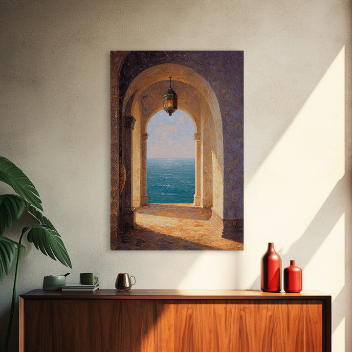Mediterranean Arch Framing Ocean Horizon Framed Canvas Print, Mediterranean Art, Boho Decor, Living Room Decor, Fine Art, Azure, MAR-2x3-59