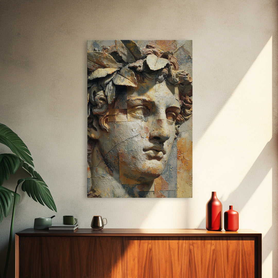 Roman Statue Bust Framed Canvas Print, Mediterranean Art, Wall Decor, Living Room Decor, Fine Art, Azure, Contemporary Art, MAR-2x3-6