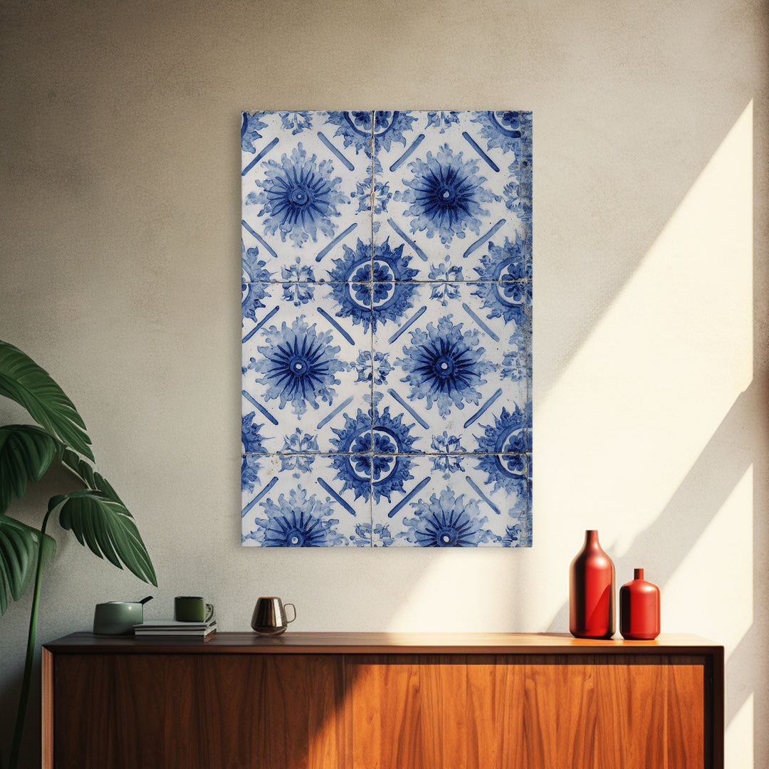 Blue and White Tile Pattern Framed Canvas Print, Mediterranean Art, Statement Artwork, Living Room Decor, Fine Art, Azure, MAR-2x3-60