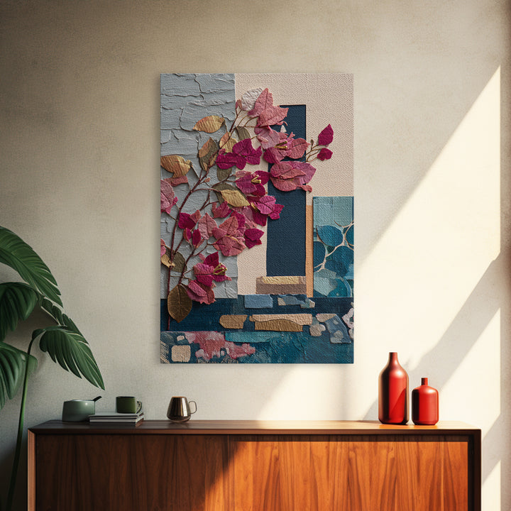 Bougainvillea Cascading over Stone Wall Canvas Print, Mediterranean Art, Printable Wall Art, Living Room Decor, Fine Art, Azure, MAR-2x3-61