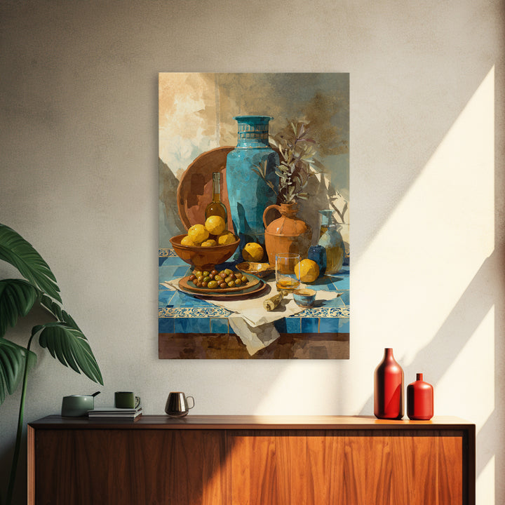 Figs Olives and Cheese Still Life Framed Canvas Print, Mediterranean Art, Gallery Decor, Living Room Decor, Fine Art, Azure, MAR-2x3-64