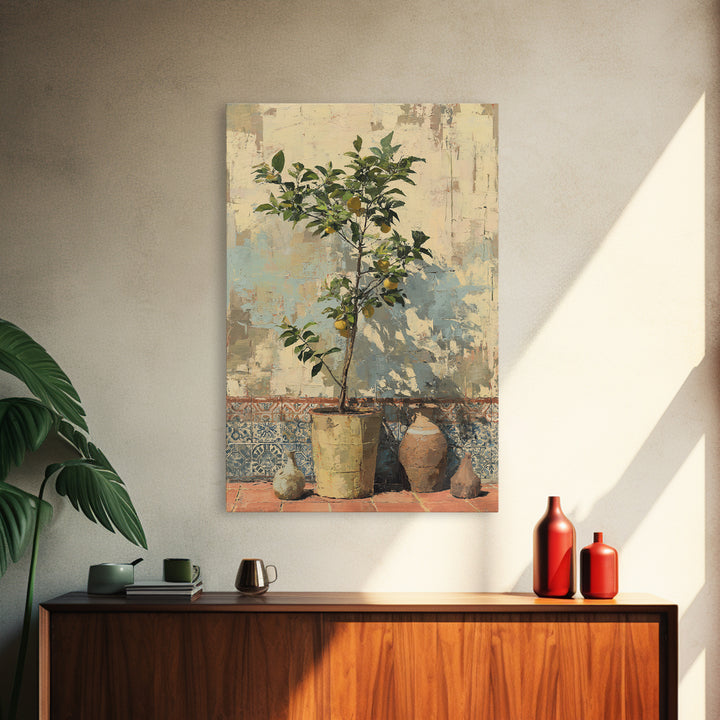Citrus Tree in Clay Pot Canvas Print, Mediterranean Art, Room Decor, Living Room Decor, Oil Painting, Azure, Printable Art, MAR-2x3-66