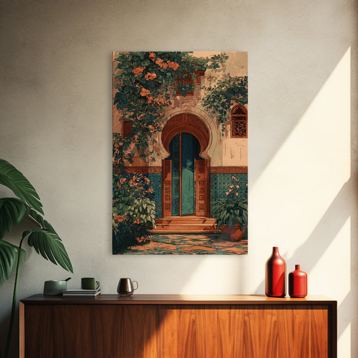 Sunlit Courtyard Doorway Canvas Print, Mediterranean Art, Luxury Decor, Living Room Decor, Fine Art, Azure, Framed Wall Art, MAR-2x3-67
