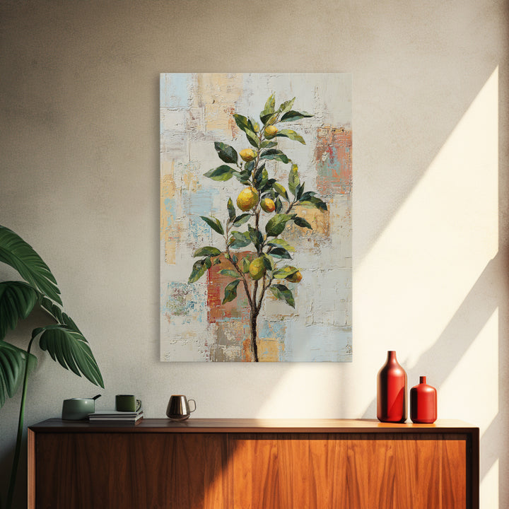 Sicilian Lemon Branch on Ivory Background Framed Canvas Print, Mediterranean Art, Oil Painting, Living Room Decor, MAR-2x3-69