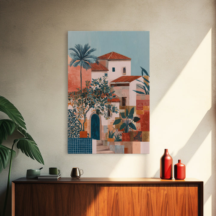 Sunset over Red Tiled Rooftops Canvas Print, Mediterranean Art, Watercolor Painting, Living Room Decor, Fine Art, Azure, MAR-2x3-7