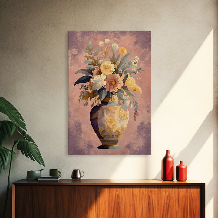 Greek Vase Modern Floral Design Canvas Print, Mediterranean Art, Art Print, Living Room Decor, Oil Painting, Azure, MAR-2x3-71