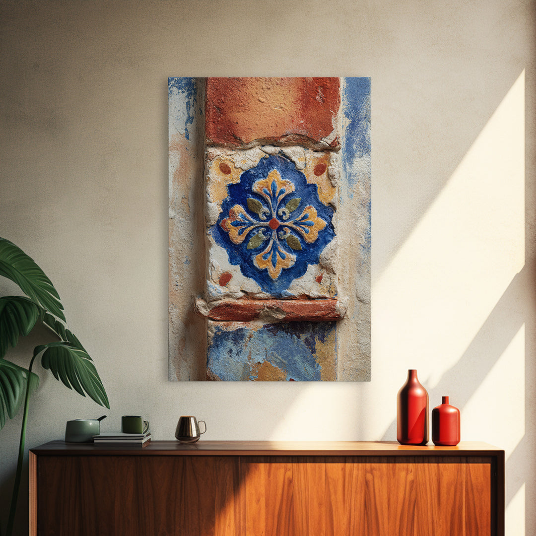 Spanish Tile Ornament Canvas Print, Mediterranean Art, Neutral Decor, Living Room Decor, Oil Painting, Azure, Home Decor, MAR-2x3-72