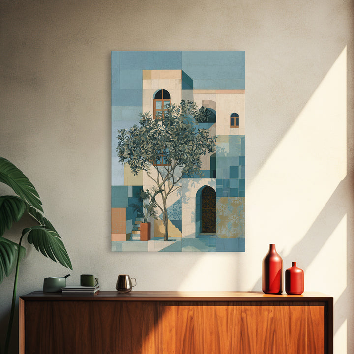 Olive Grove under Pale Morning Light Framed Canvas Print, Mediterranean Art, Digital Wall Art, Living Room Decor, Azure, MAR-2x3-73