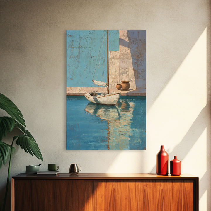 Mediterranean Sailboat on Glassy Water Canvas Print, Mediterranean Art, Living Room Decor, Azure, Digital Art Prints, MAR-2x3-74