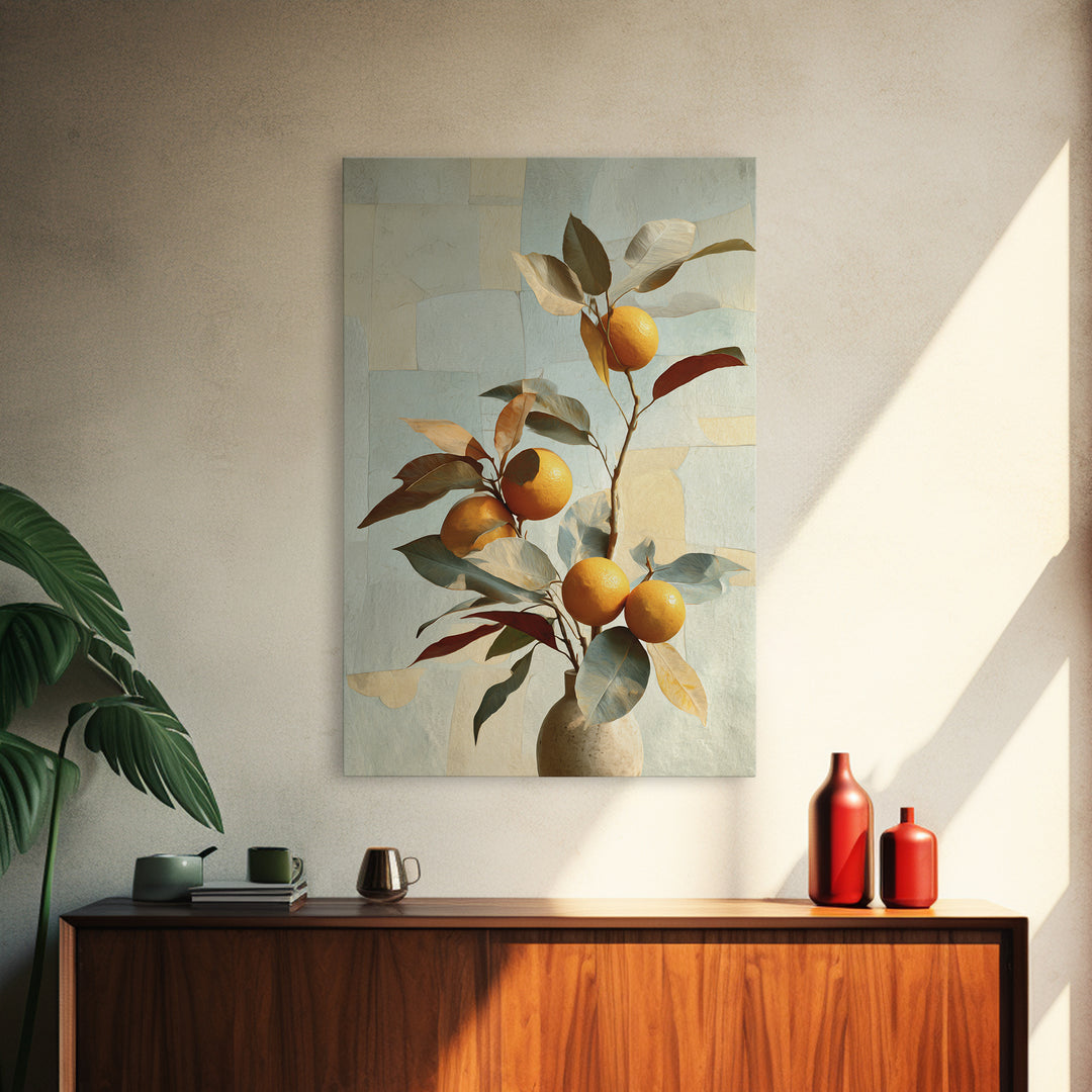 Ceramic Bowl of Oranges and Leaves Canvas Print, Mediterranean Art, Large Wall Art, Living Room Decor, Fine Art, Azure, MAR-2x3-77