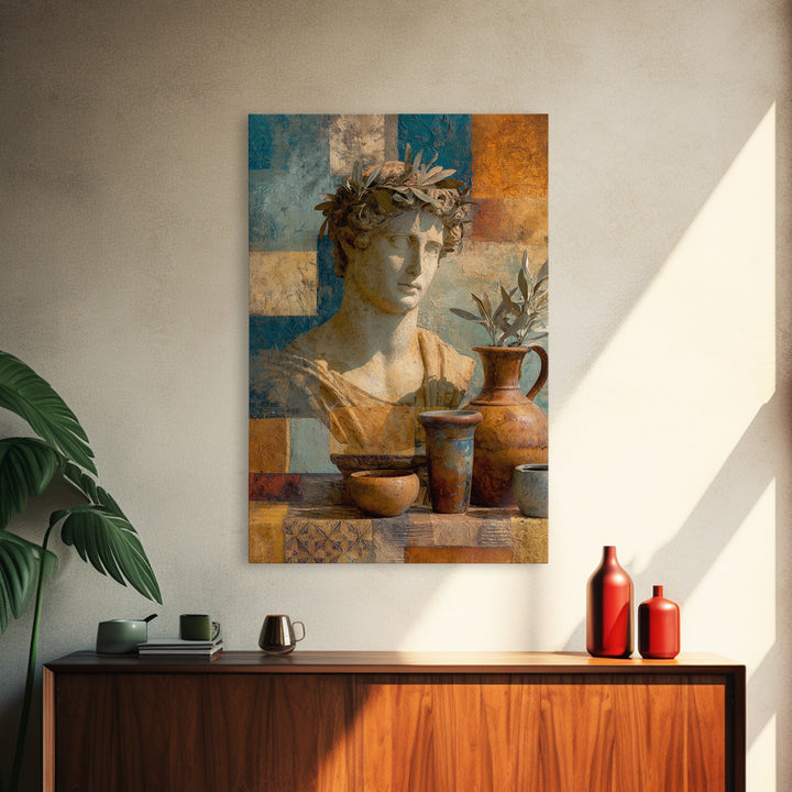 Roman Statue Bust Framed Canvas Print, Mediterranean Art, Minimalist Decor, Living Room Decor, Azure, Horizontal Wall Art, MAR-2x3-78