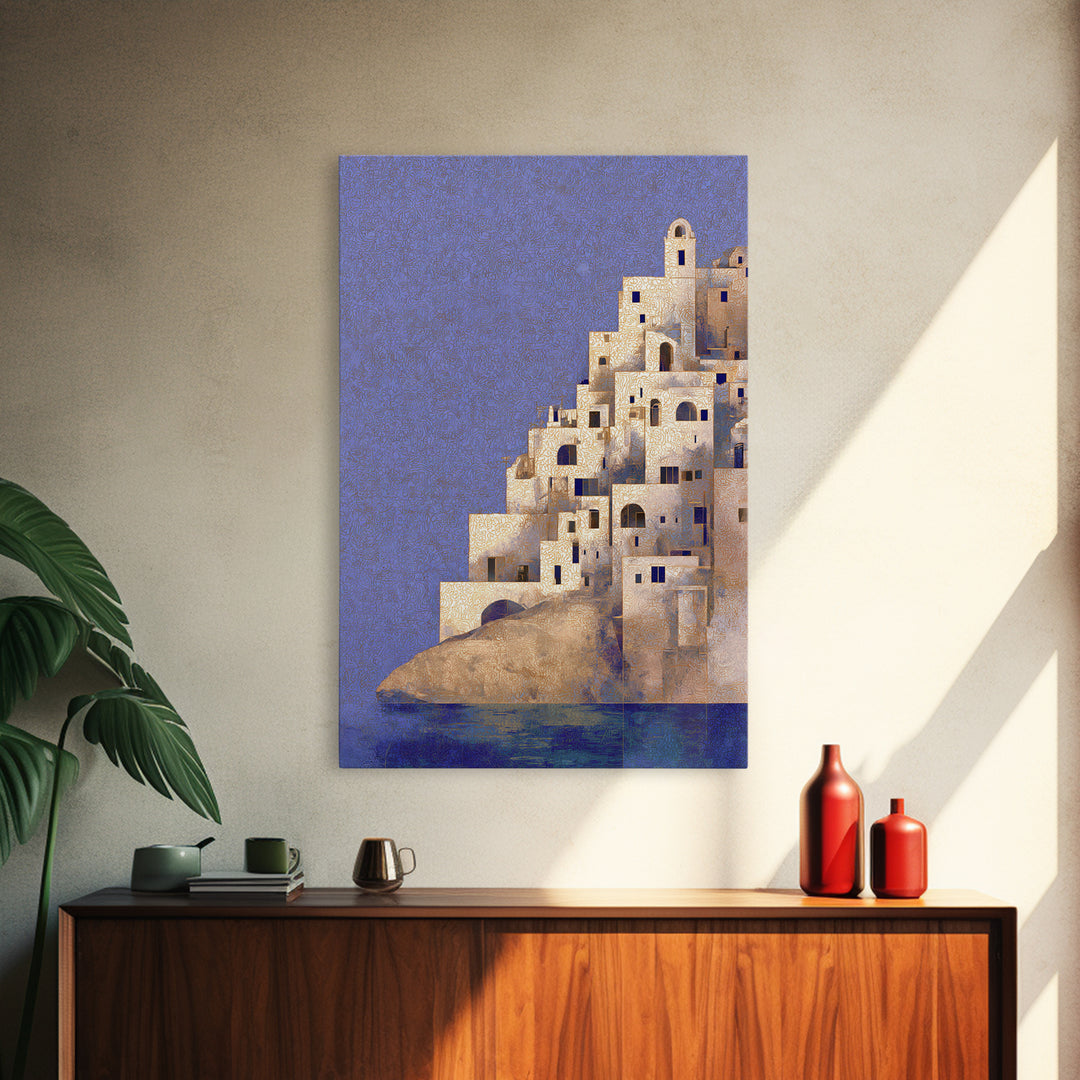 Greek Island White Buildings Above Blue Sea Canvas Print, Mediterranean Art, Framed Wall Art, Living Room Decor, Oil Painting, MAR-2x3-81