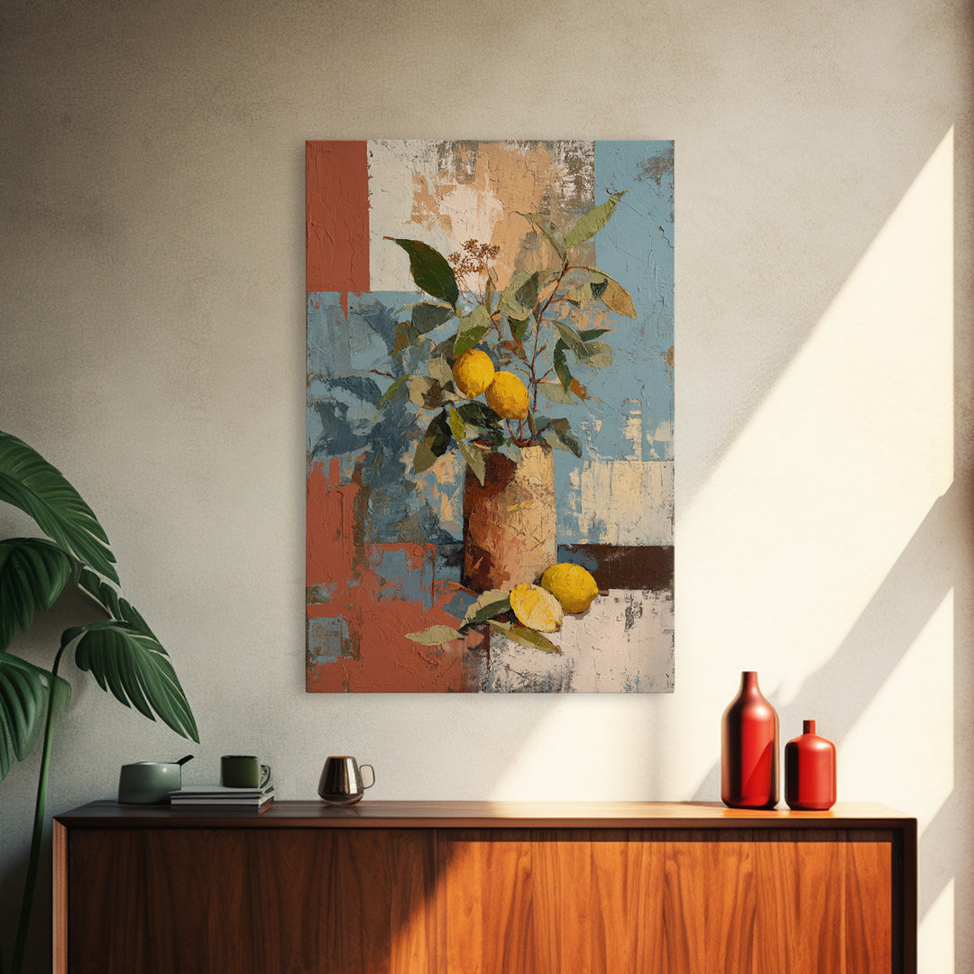 Olive Branch and Lemons on Terracotta Ground Canvas Print, Mediterranean Art, Contemporary Art, Living Room Decor, Azure, MAR-2x3-82