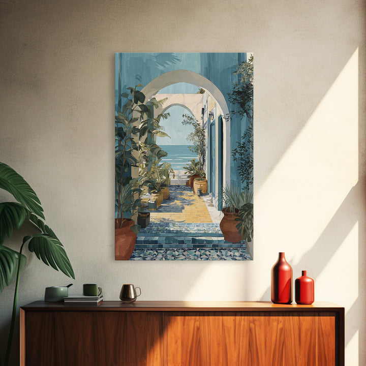 Mediterranean Arch Framing Ocean Horizon Framed Canvas Print, Mediterranean Art, Oil Painting, Living Room Decor, Azure, MAR-2x3-83
