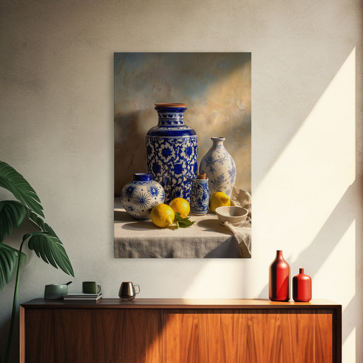 Blue and White Tile Pattern Framed Canvas Print, Mediterranean Art, Modern Wall Art, Living Room Decor, Fine Art, Azure, MAR-2x3-84