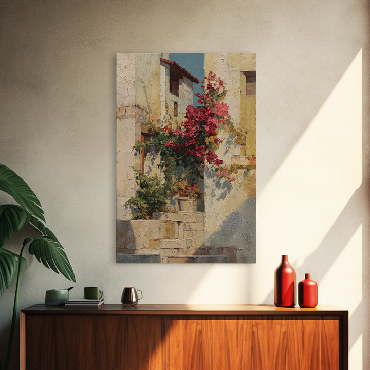 Bougainvillea Cascading over Stone Wall Framed Canvas Print, Mediterranean Art, Digital Print, Living Room Decor, Azure, MAR-2x3-85