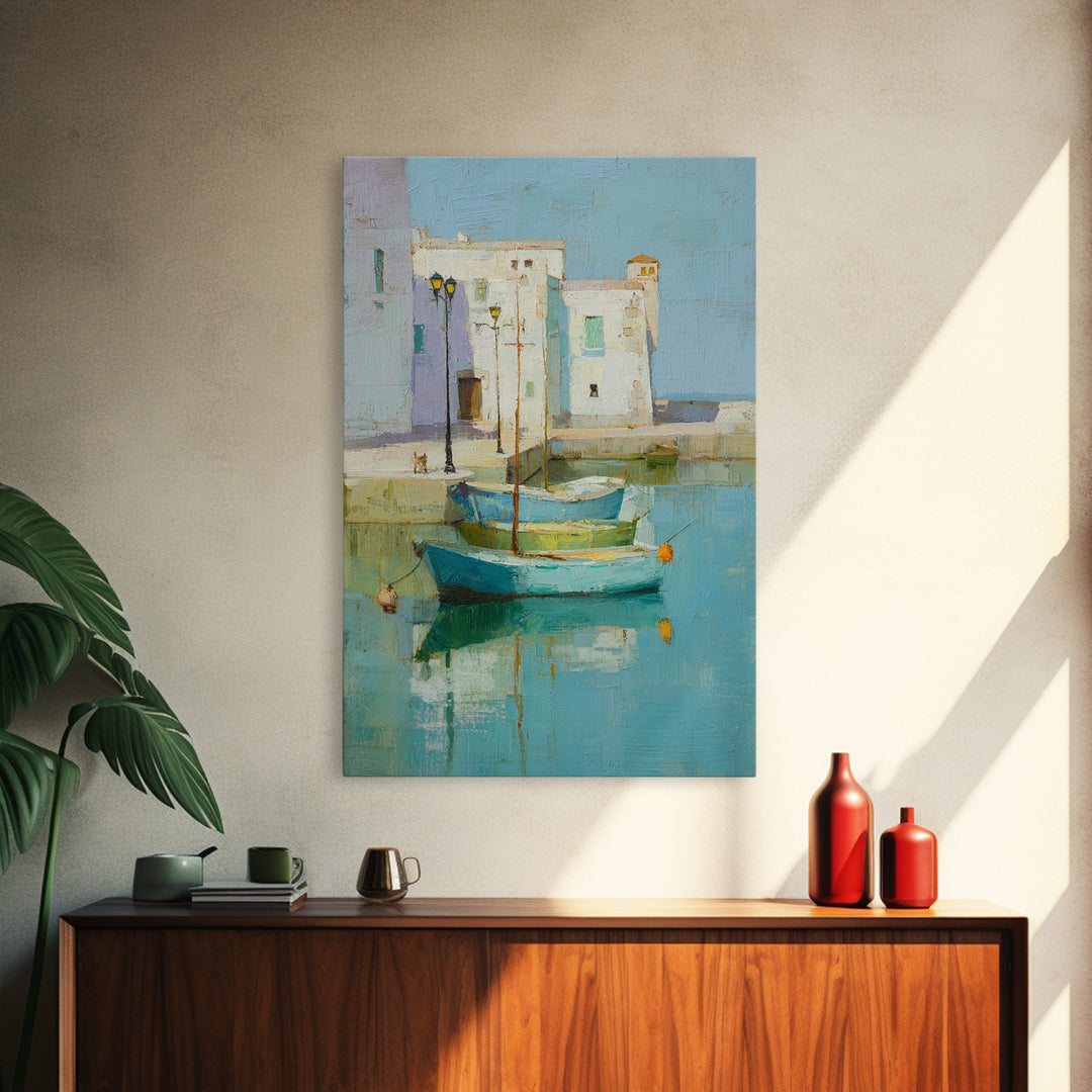 Coastal Fishing Boats Framed Canvas Print, Mediterranean Art, Digital Wall Art, Living Room Decor, Azure, Coastal Wall Art, MAR-2x3-87