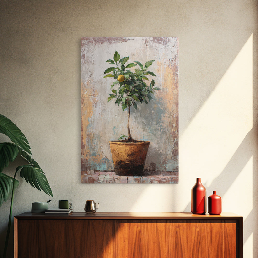 Citrus Tree in Clay Pot Framed Canvas Print, Mediterranean Art, Printable Wall Art, Living Room Decor, Fine Art, Azure, MAR-2x3-90