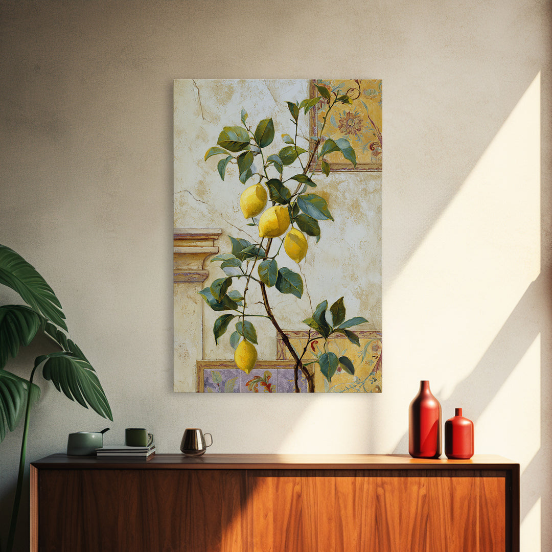 Sicilian Lemon Branch on Ivory Background Framed Canvas Print, Mediterranean Art, Oil Painting, Living Room Decor, MAR-2x3-93