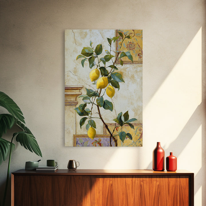 Sicilian Lemon Branch on Ivory Background Framed Canvas Print, Mediterranean Art, Oil Painting, Living Room Decor, MAR-2x3-93
