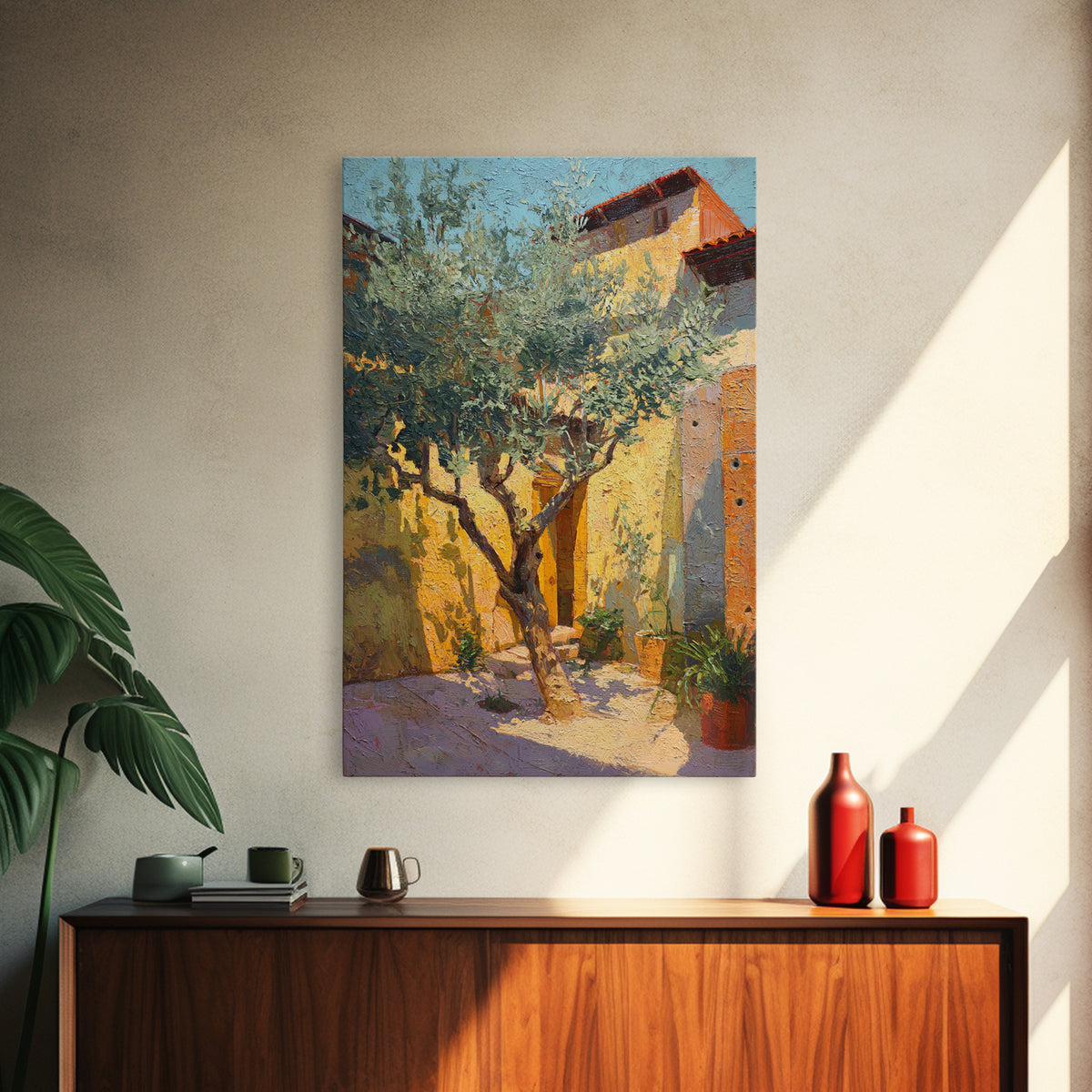 Olive Grove under Pale Morning Light Framed Canvas Print, Mediterranean Art, Digital Wall Art, Living Room Decor, Azure, MAR-2x3-97