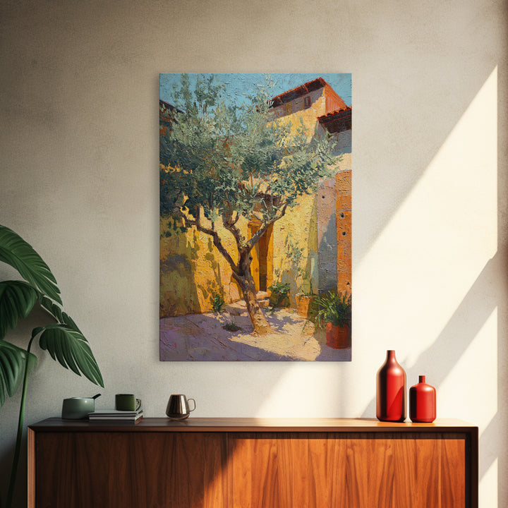 Olive Grove under Pale Morning Light Framed Canvas Print, Mediterranean Art, Digital Wall Art, Living Room Decor, Azure, MAR-2x3-97