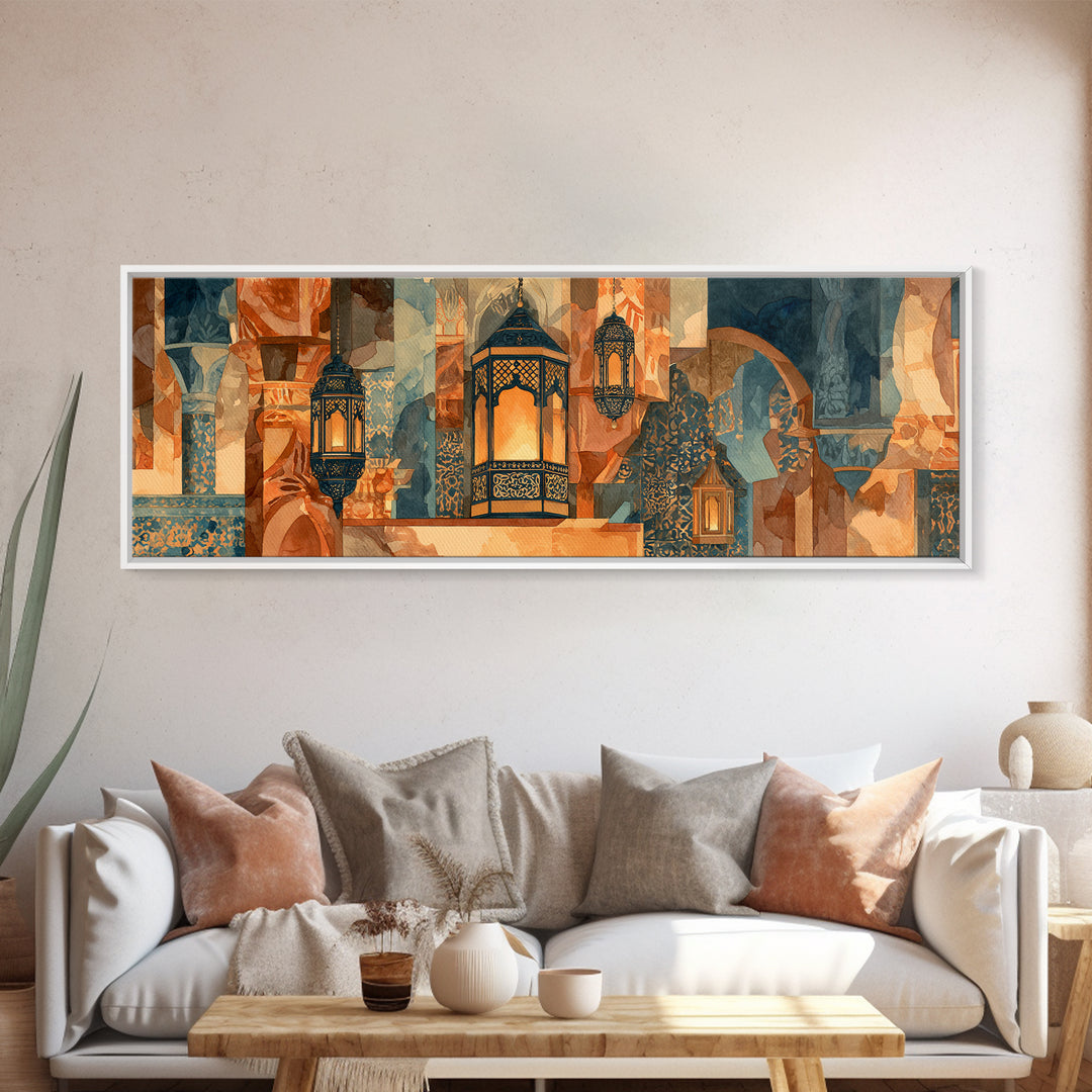 Moroccan Influenced Lantern Framed Canvas Print, Mediterranean Art, Digital Print, Living Room Decor, Fine Art, Azure, MAR-3x1-1