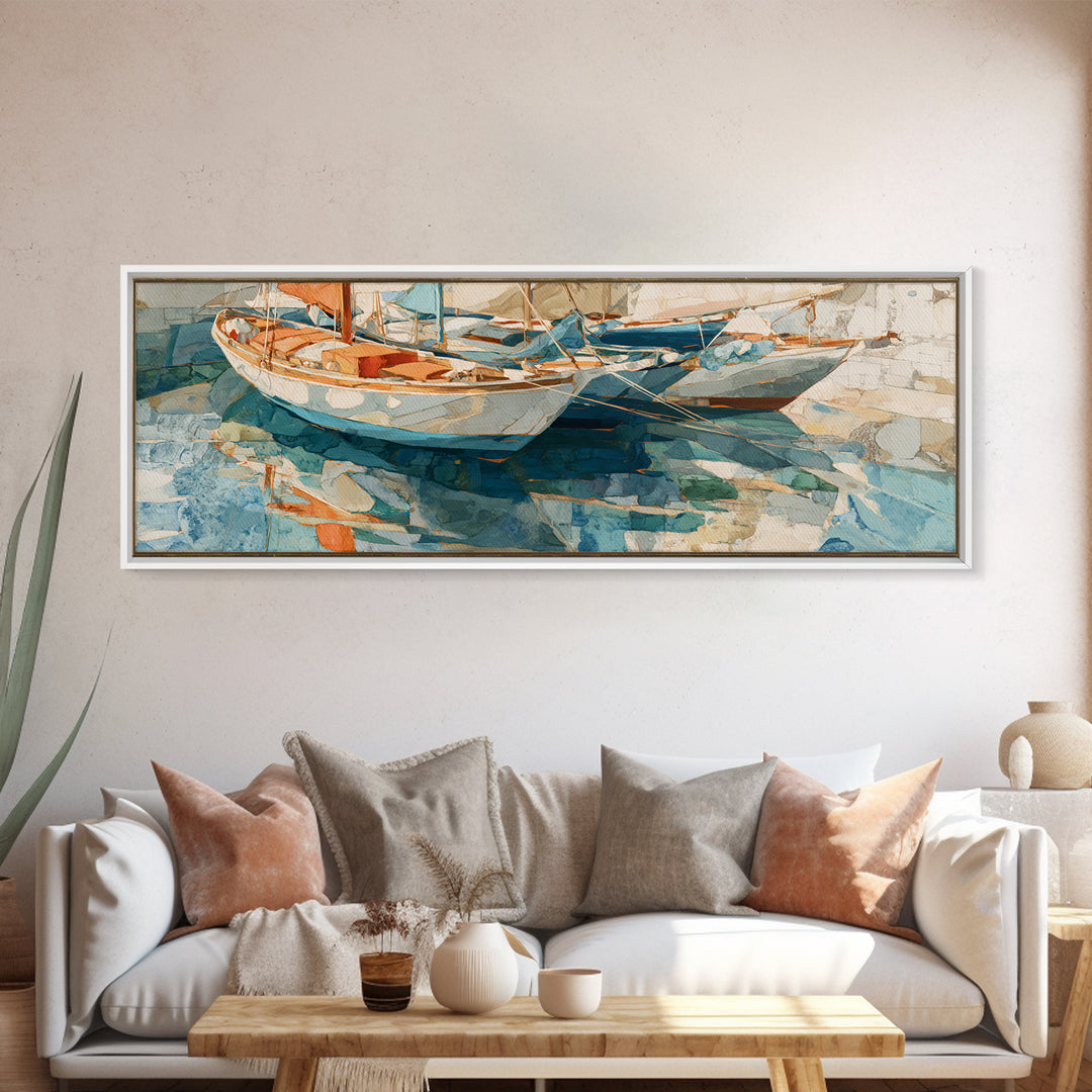 Mediterranean Sailboat on Glassy Water Framed Canvas Print, Mediterranean Art, Textured Painting, Living Room Decor, Azure, MAR-3x1-10