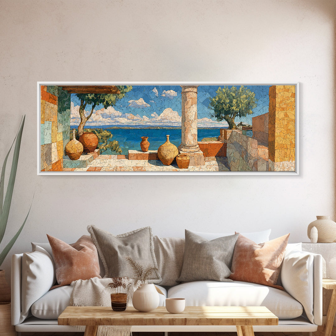 Ancient Column with Sea and Sky Beyond Canvas Print, Mediterranean Art, Landscape Wall Art, Living Room Decor, Abstract Art, MAR-3x1-100