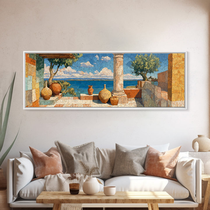 Ancient Column with Sea and Sky Beyond Canvas Print, Mediterranean Art, Landscape Wall Art, Living Room Decor, Abstract Art, MAR-3x1-100