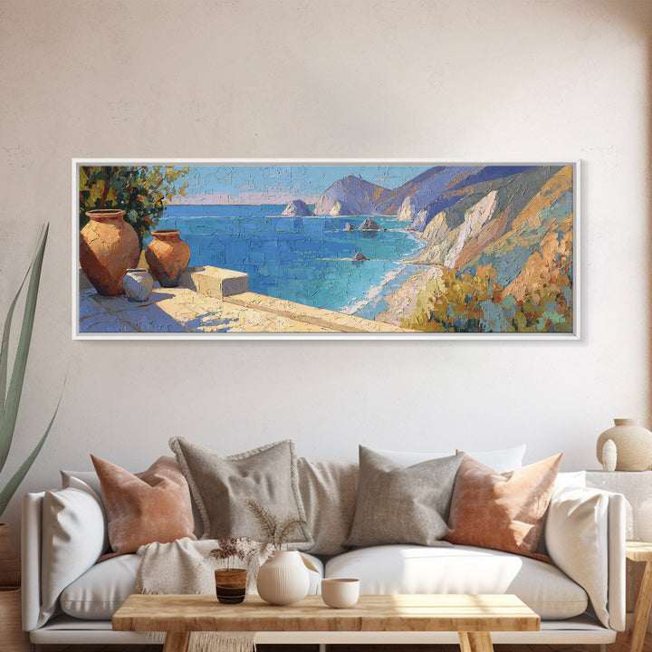Coastal Cliffs with Sparkling Blue Water Framed Canvas Print, Mediterranean Art, Coastal Art, Living Room Decor, Azure, MAR-3x1-12