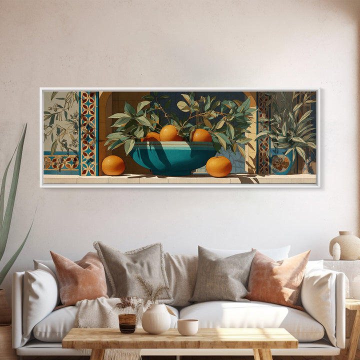 Ceramic Bowl of Oranges and Leaves Canvas Print, Mediterranean Art, Digital Wall Art, Living Room Decor, Fine Art, Azure, MAR-3x1-13