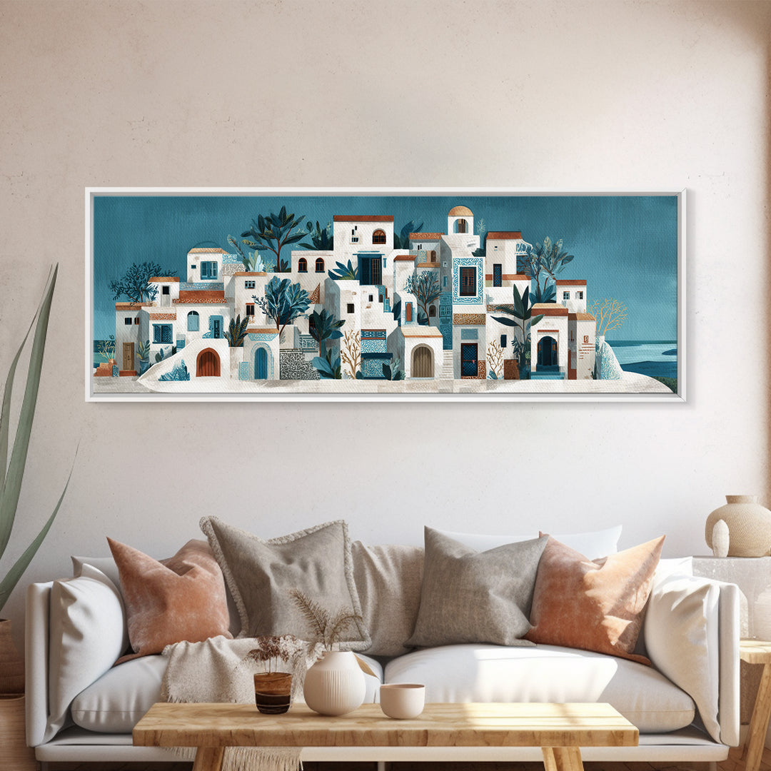 Greek Island White Buildings Above Blue Sea Canvas Print, Mediterranean Art, Horizontal Wall Art, Living Room Decor, Azure, MAR-3x1-17