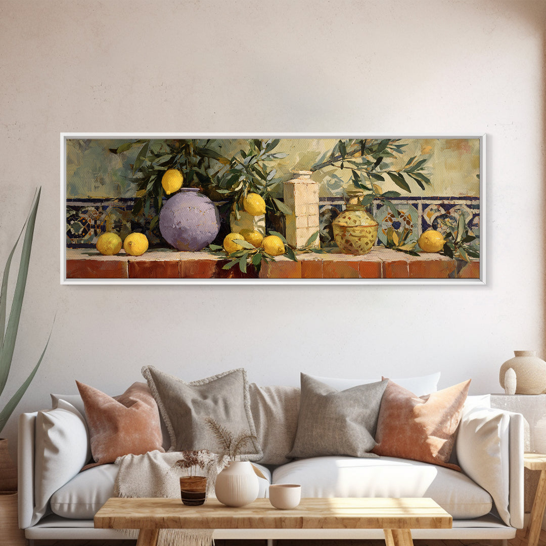 Olive Branch and Lemons on Terracotta Ground Canvas Print, Mediterranean Art, Digital Wall Art, Living Room Decor, Azure, MAR-3x1-18