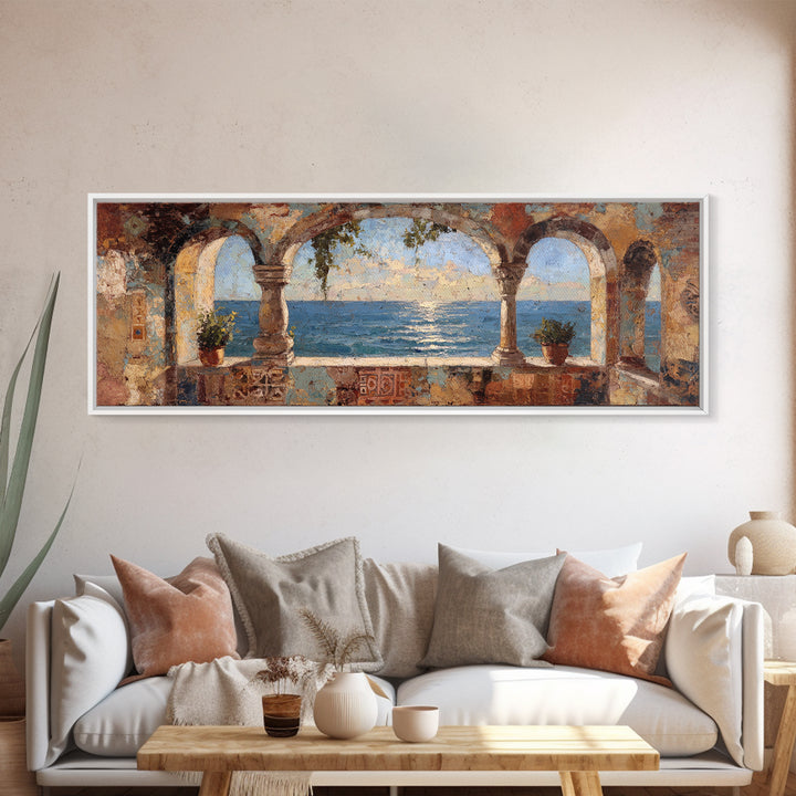 Mediterranean Arch Framing Ocean Horizon Canvas Print, Mediterranean Art, Wall Decor, Living Room Decor, Fine Art, Azure, MAR-3x1-19