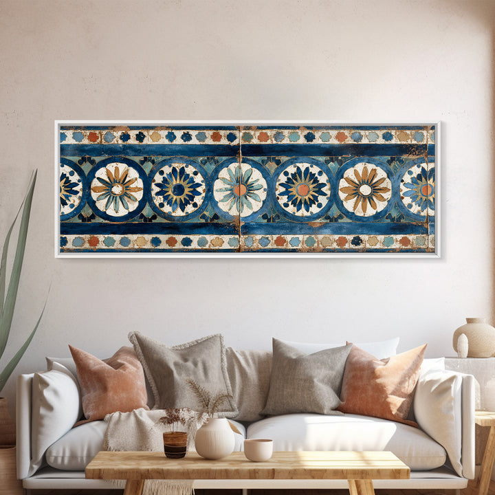 Blue and White Tile Pattern Canvas Print, Mediterranean Art, Landscape Wall Art, Living Room Decor, Azure, Luxury Decor, MAR-3x1-20