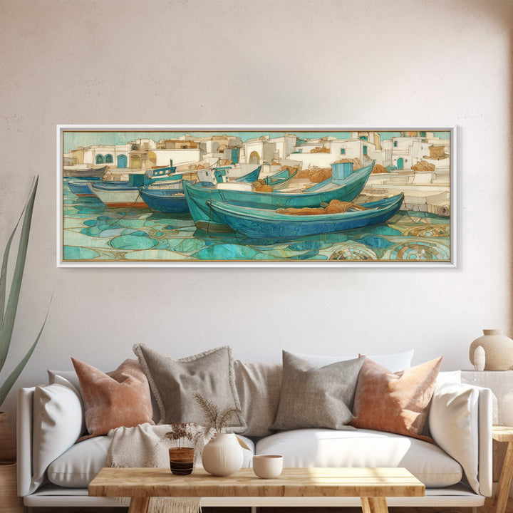 Coastal Fishing Boats Framed Canvas Print, Mediterranean Art, Neutral Decor, Living Room Decor, Fine Art, Azure, Home Decor, MAR-3x1-23