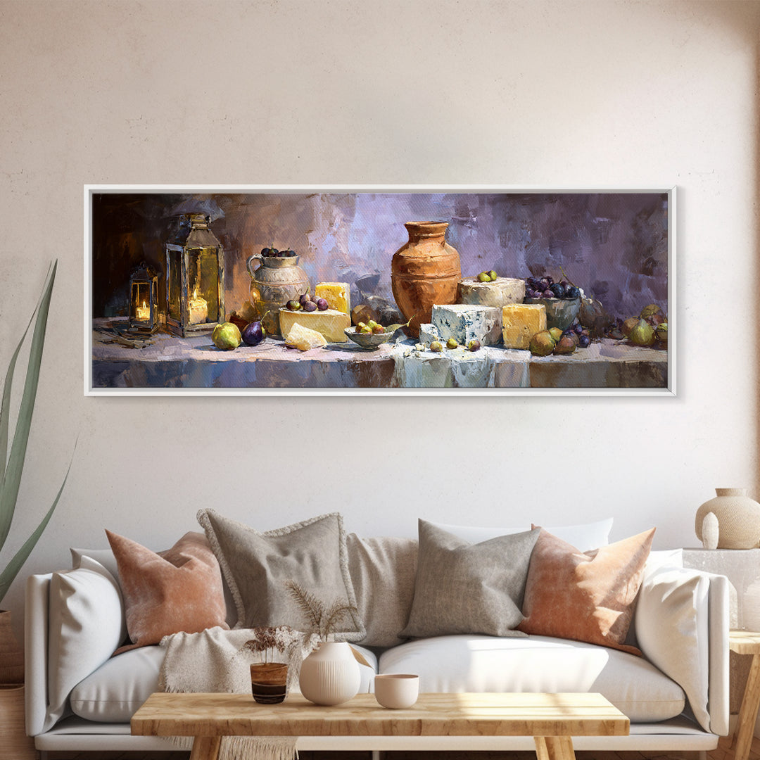 Figs Olives and Cheese Still Life Canvas Print, Mediterranean Art, Downloadable Art, Living Room Decor, Fine Art, Azure, MAR-3x1-24