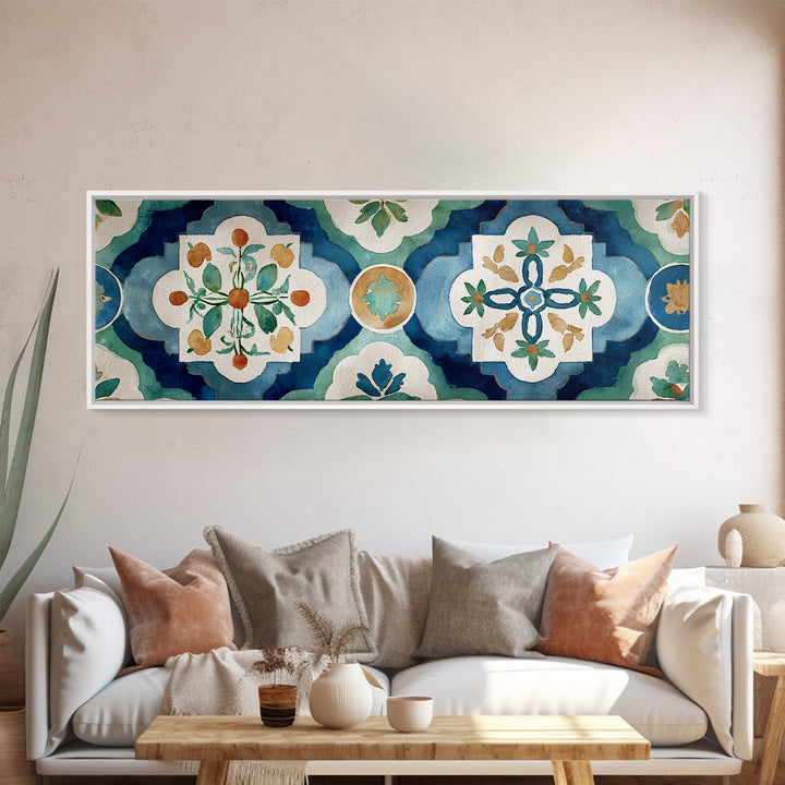 Citrus Tree in Clay Pot Canvas Print, Mediterranean Art, Framed Wall Art, Living Room Decor, Watercolor Art, Azure, MAR-3x1-26