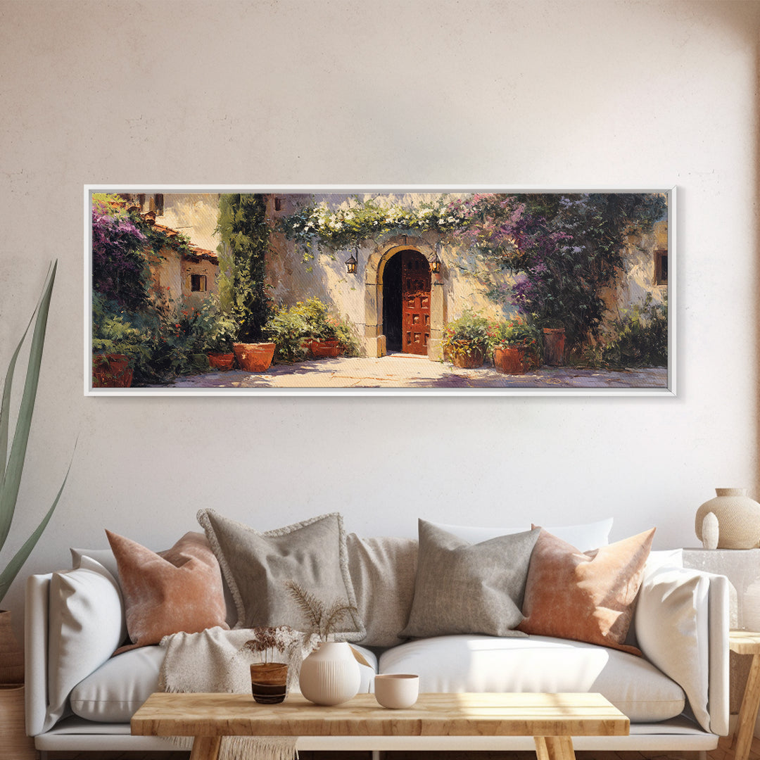 Sunlit Courtyard Doorway Framed Canvas Print, Mediterranean Art, Modern Decor, Living Room Decor, Fine Art, Azure, MAR-3x1-27