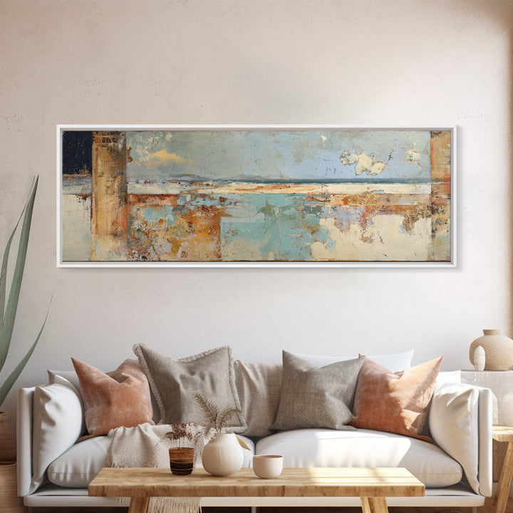Ancient Column with Sea and Sky Beyond Framed Canvas Print, Mediterranean Art, Beach Prints, Living Room Decor, Oil Painting, MAR-3x1-28