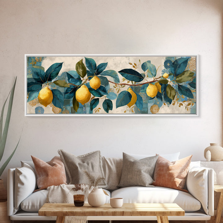 Sicilian Lemon Branch on Ivory Background Canvas Print, Mediterranean Art, Printable Art, Living Room Decor, Fine Art, Azure, MAR-3x1-29