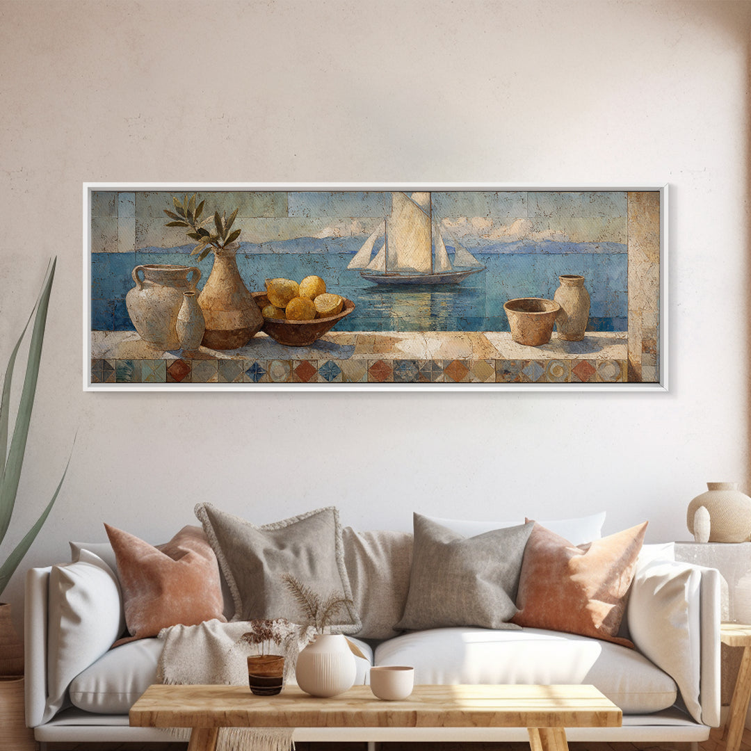 Mediterranean Sailboat on Glassy Water Canvas Print, Mediterranean Art, Living Room Decor, Abstract Art, Azure, MAR-3x1-34