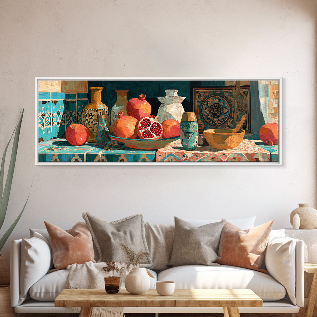 Pomegranate Still Life Canvas Print, Mediterranean Art, Statement Artwork, Living Room Decor, Fine Art, Azure, Oil Painting, MAR-3x1-35