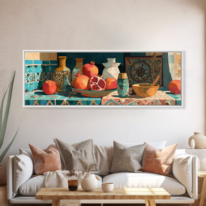Pomegranate Still Life Canvas Print, Mediterranean Art, Statement Artwork, Living Room Decor, Fine Art, Azure, Oil Painting, MAR-3x1-35