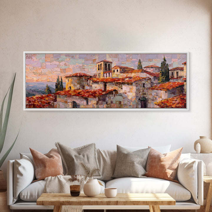 Sunset over Red Tiled Rooftops Canvas Print, Mediterranean Art, Gallery Decor, Living Room Decor, Azure, Minimalist Decor, MAR-3x1-39