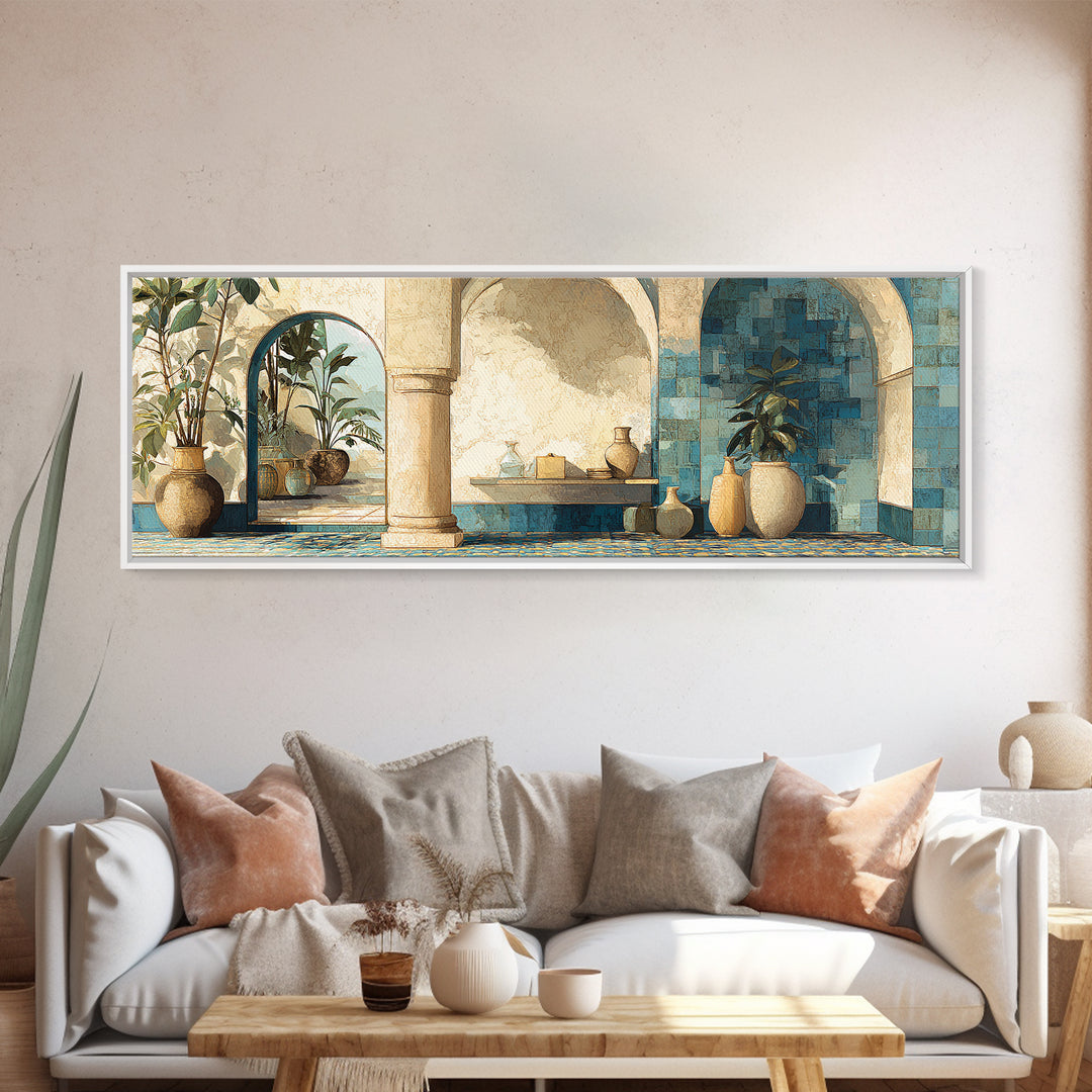 Ancient Column with Sea and Sky Beyond Canvas Print, Mediterranean Art, Beach Wall Art, Living Room Decor, Watercolor Art, MAR-3x1-4